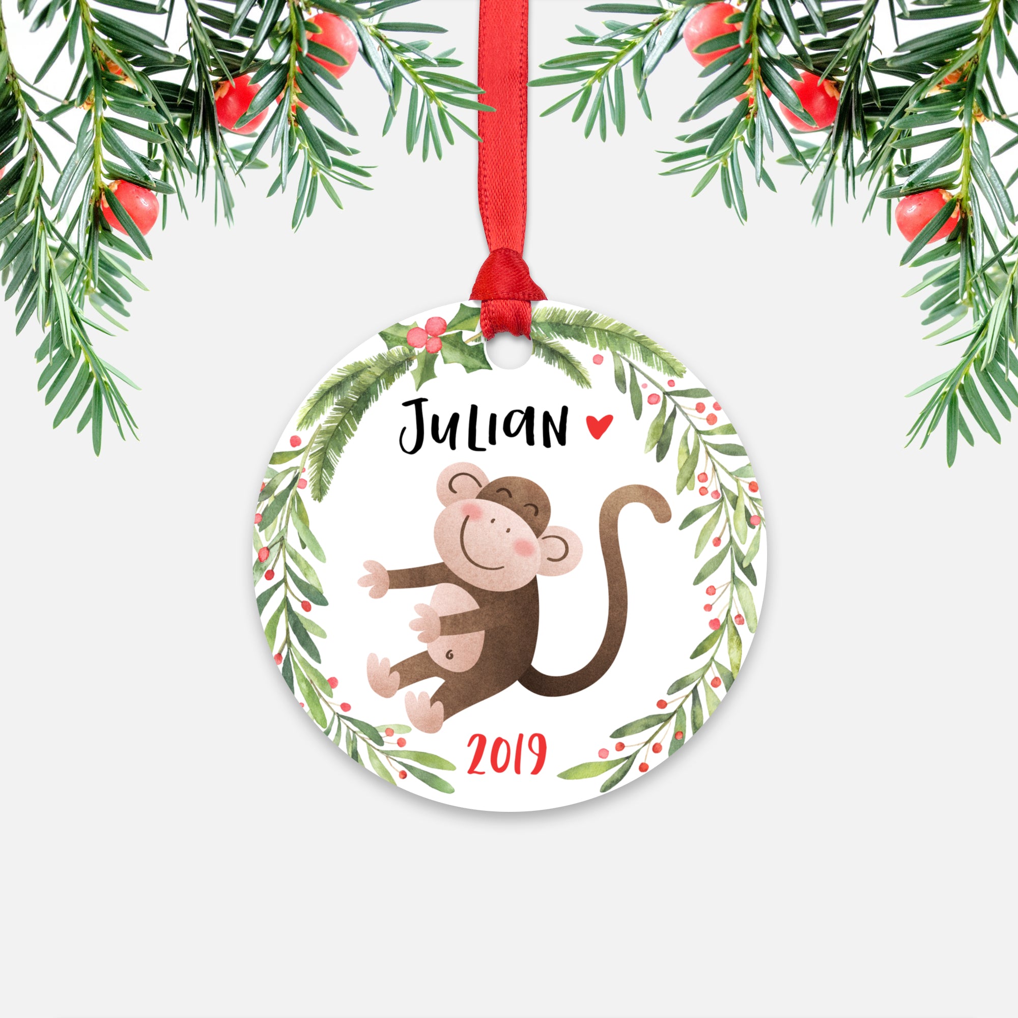 Monkey Jungle Animal Personalized Kids Name Christmas Ornament for Boy or Girl - Round Aluminum - Red ribbon