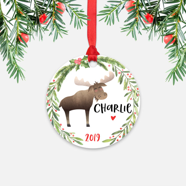 Moose Woodland Animal Personalized Kids Name Christmas Ornament for Boy or Girl - Round Aluminum - Red ribbon