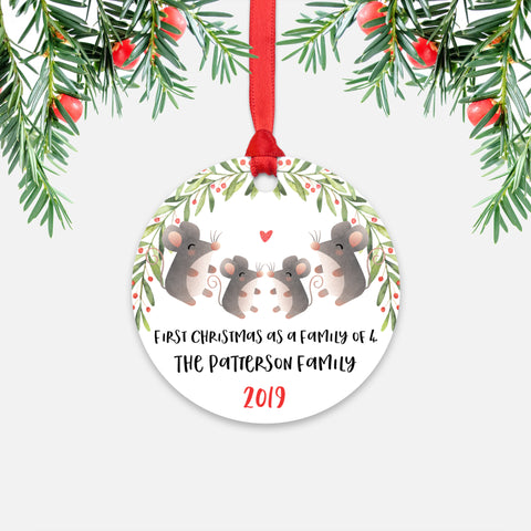 Mouse Animal First Christmas as a Family of 4 Personalized Ornament for New Baby Girl Boy - Round Aluminum - Red ribbon
