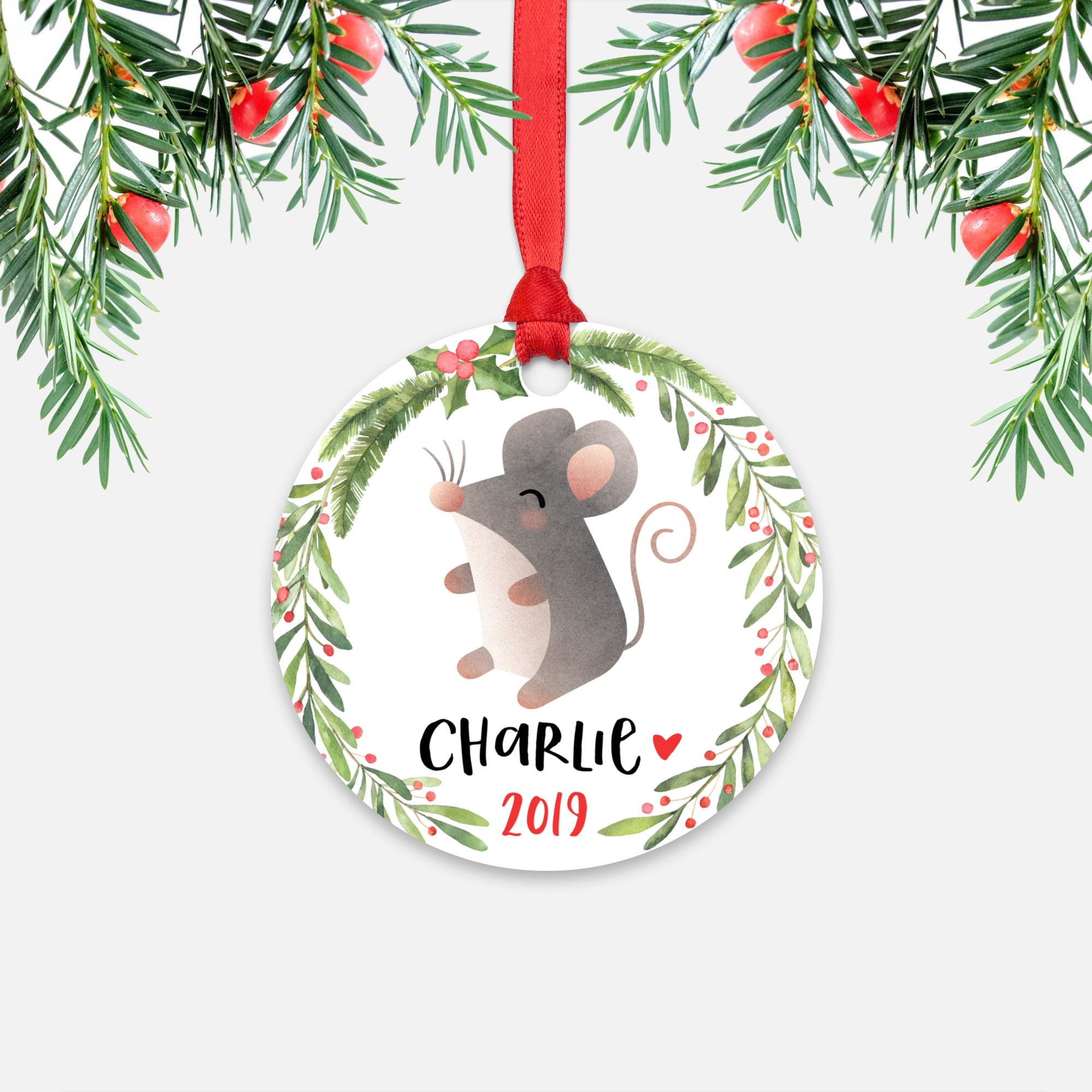 Mouse Animal Personalized Kids Name Christmas Ornament for Boy or Girl - Round Aluminum - Red ribbon
