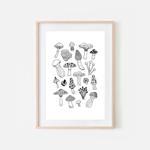 Mushrooms - Botanical Illustration - Black & White Line Art Drawing - Printable Wall Art