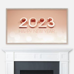 2023 Happy New Year Samsung Frame TV Art 4K - Rose Gold 3D Numbers & Typography on Blush & Sparkling Lights Background - Digital Download