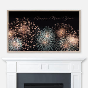 Happy New Year Samsung Frame TV Art 4K - Fireworks & Typography - Blush Pink Beige White Black - Festive New Year Decor - Digital Download