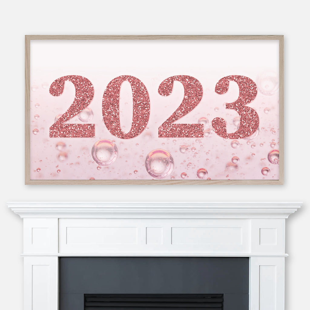 2023 Samsung Frame TV Art 4K - Happy New Year Decor - Pink Glitter Numbers on Champagne Bubbles Background - Digital Download