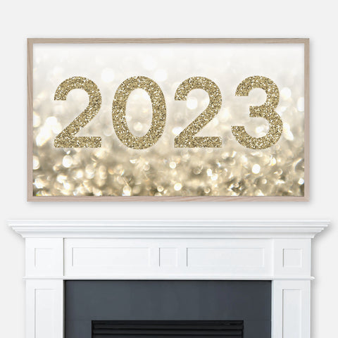 2023 Samsung Frame TV Art 4K - Happy New Year Decor - Gold Glitter Numbers on Champagne Bubbles Background - Digital Download
