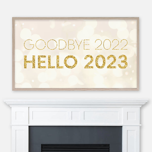 Goodbye 2022 Hello 2023 Samsung Frame TV Art 4K - New Year Decor - Gold Glitter Typography on Light Sparkles Background - Digital Download