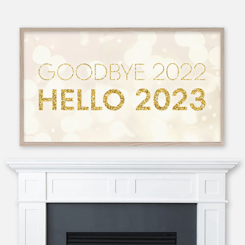 Goodbye 2022 Hello 2023 Samsung Frame TV Art 4K - New Year Decor - Gold Glitter Typography on Light Sparkles Background - Digital Download