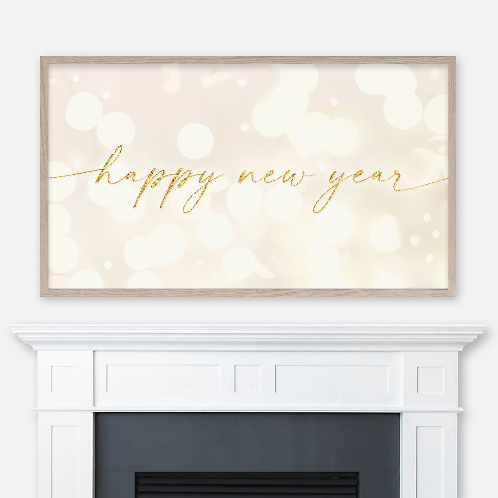 Happy New Year Samsung Frame TV Art 4K - Gold Glitter Typography on Light Sparkles Background - Digital Download