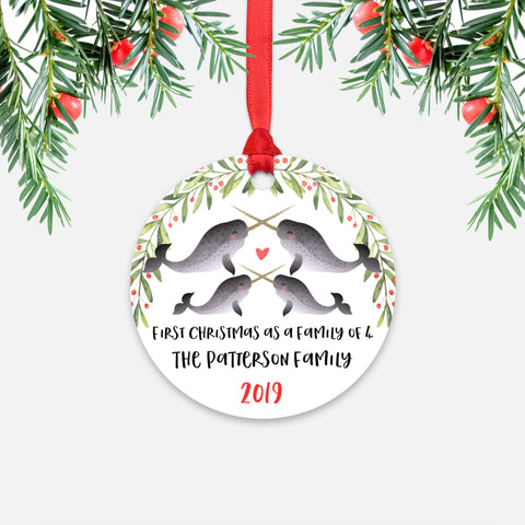 Narwhal Animal First Christmas as a Family of 4 Personalized Ornament for New Baby Girl Boy - Round Aluminum - Red ribbon