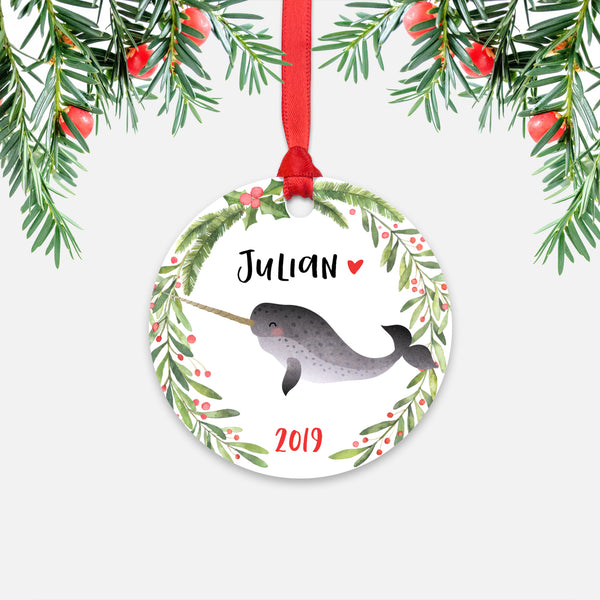 Narwhal Sea Ocean Animal Personalized Kids Name Christmas Ornament for Boy or Girl - Round Aluminum - Red ribbon