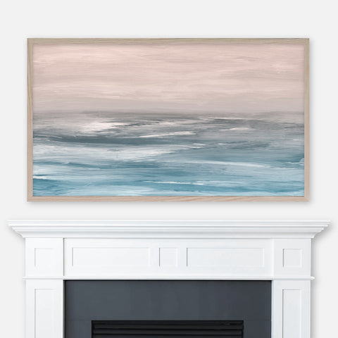 Ocean Waves Abstract Landscape Painting - Samsung Frame TV Art - Digital Download - Teal Blue & Blush Pink -  Beach Coastal Decor