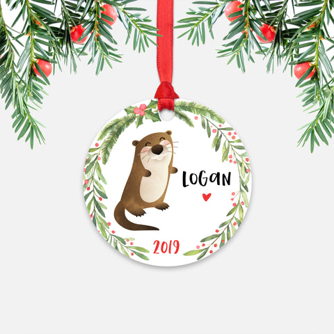 Otter Sea Ocean Animal Personalized Kids Name Christmas Ornament for Boy or Girl - Round Aluminum - Red ribbon