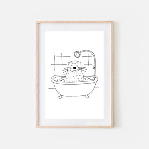 Otter - Sea Animal in Bathtub Wall Art - Funny Bathroom Decor - Black and White Drawing - Downloadable Print