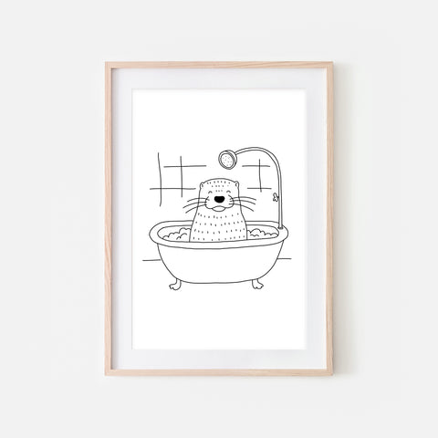 Otter - Sea Animal in Bathtub Wall Art - Funny Bathroom Decor - Black and White Drawing - Downloadable Print