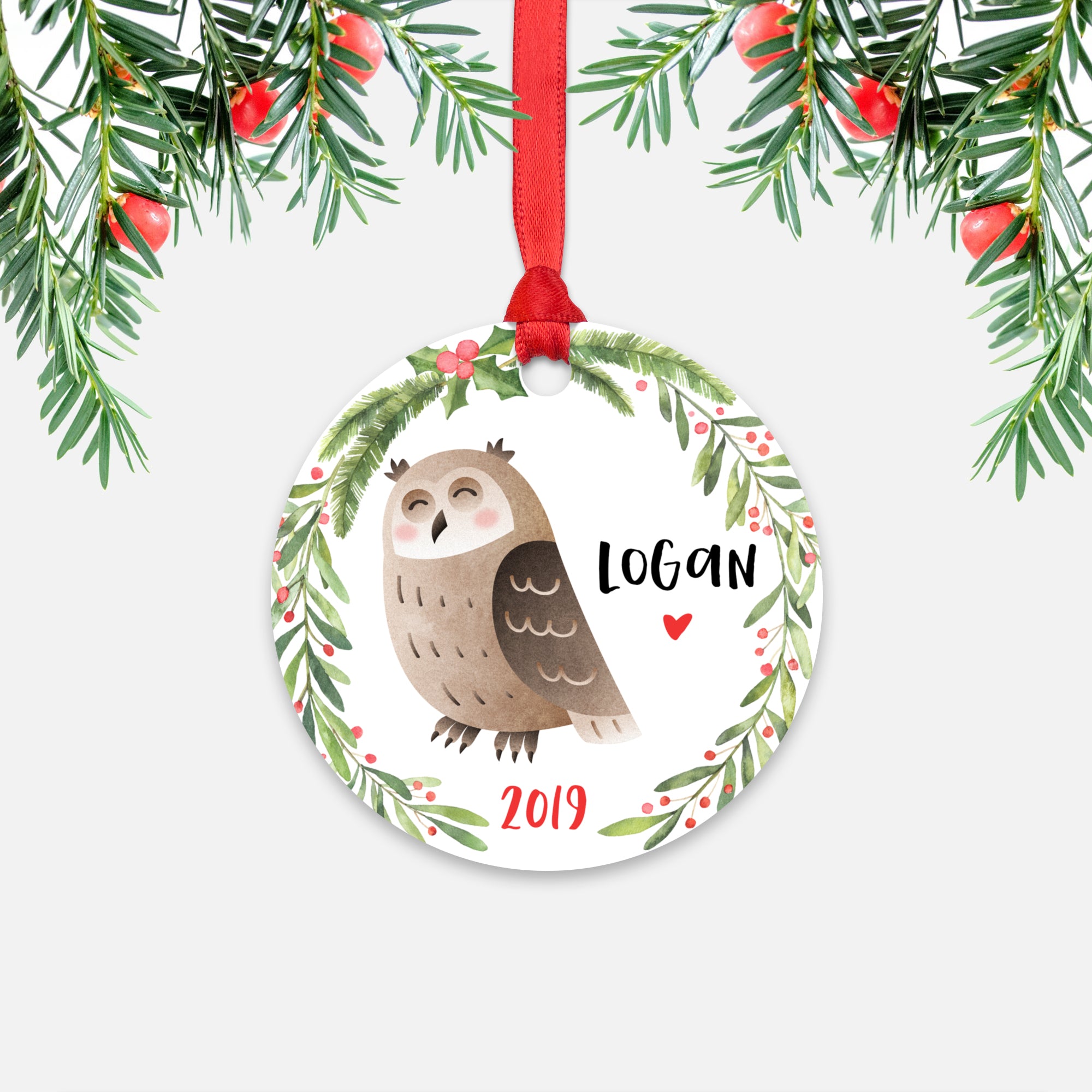 Owl Woodland Animal Personalized Kids Name Christmas Ornament for Boy or Girl - Round Aluminum - Red ribbon