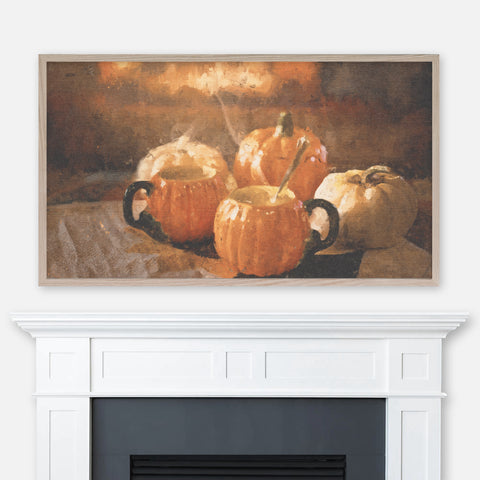Painting of Pumpkins & Mugs with Fireplace - Samsung Frame TV Art 4K - Comforting Fall Halloween Thanksgiving Decor - Digital Download
