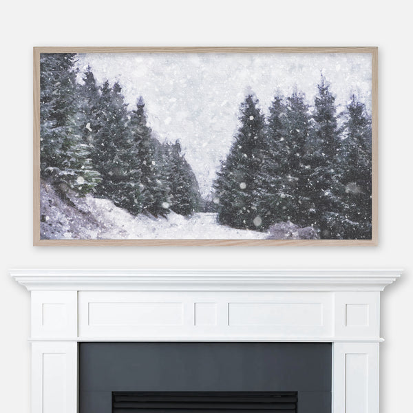Snowing Pine Tree Forest Road - Samsung Frame TV Art 4K - Winter Landscape Painting - Digital Download
