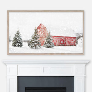 Winter Landscape Samsung Frame TV Art 4K - Snowy Red Barn & Pine Trees - Countryside Snowscape Photography - Digital Download