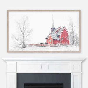 Winter Landscape Samsung Frame TV Art 4K - Snowy Photography of a Red Country Church with Fence & Trees - Digital Download