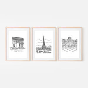Set of 3 Paris Wall Art - Arc de Triomphe Eiffel Tower Louvre Pyramid - Black and White Line Drawing - Print, Poster or Printable Download