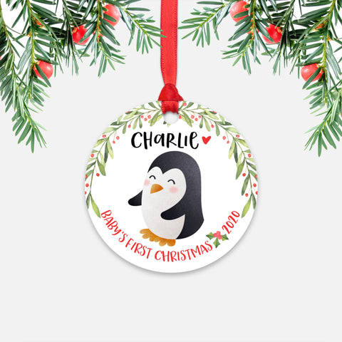 Penguin Arctic Animal Personalized Baby’s First Christmas Ornament for Boy or Girl - Round Aluminum - Red ribbon