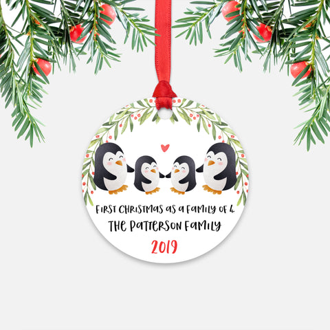 Penguin Animal First Christmas as a Family of 4 Personalized Ornament for New Baby Girl Boy - Round Aluminum - Red ribbon