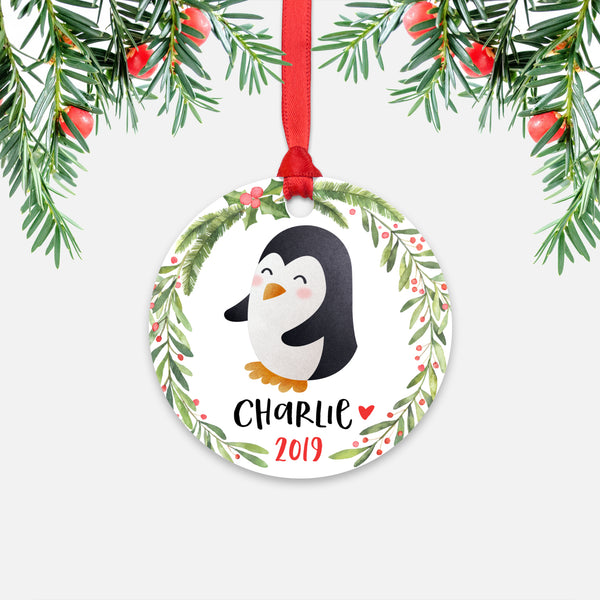 Penguin Animal Personalized Kids Name Christmas Ornament for Boy or Girl - Round Aluminum - Red ribbon