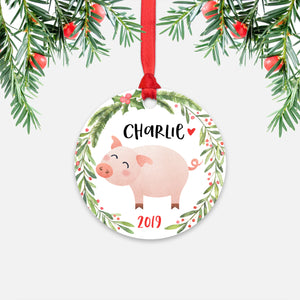 Pig Farm Animal Personalized Kids Name Christmas Ornament for Boy or Girl - Round Aluminum - Red ribbon