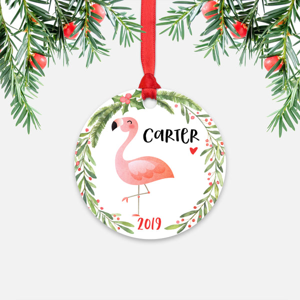 Pink Flamingo Bird Tropical Animal Personalized Kids Name Christmas Ornament for Boy or Girl - Round Aluminum - Red ribbon