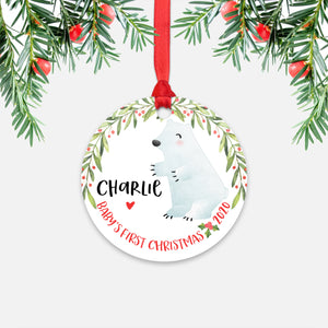 Polar Bear Arctic Animal Personalized Baby’s First Christmas Ornament for Boy or Girl - Round Aluminum - Red ribbon