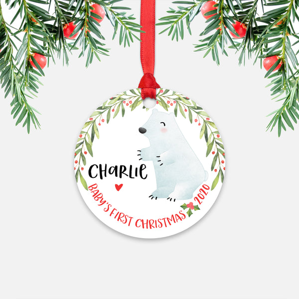 Polar Bear Arctic Animal Personalized Baby’s First Christmas Ornament for Boy or Girl - Round Aluminum - Red ribbon