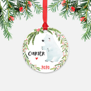 Polar Bear Arctic Animal Personalized Kids Name Christmas Ornament for Boy or Girl - Round Aluminum - Red ribbon