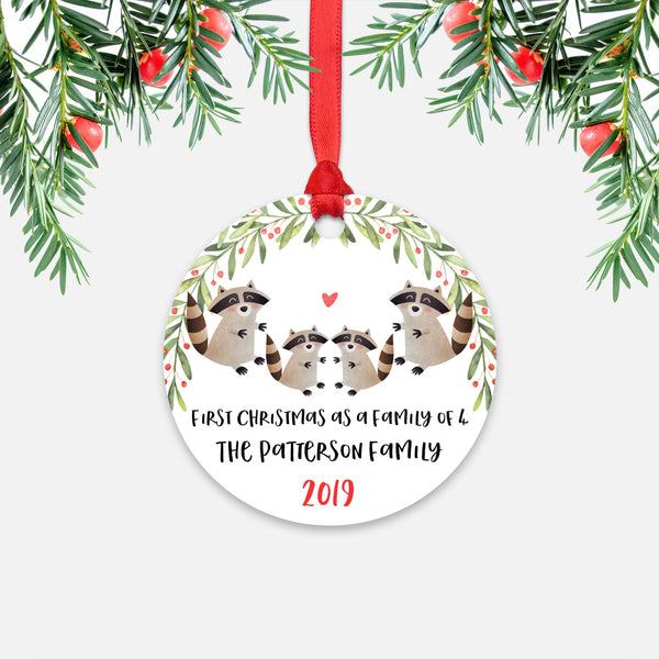 Raccoon Animal First Christmas as a Family of 4 Personalized Ornament for New Baby Girl Boy - Round Aluminum - Red ribbon