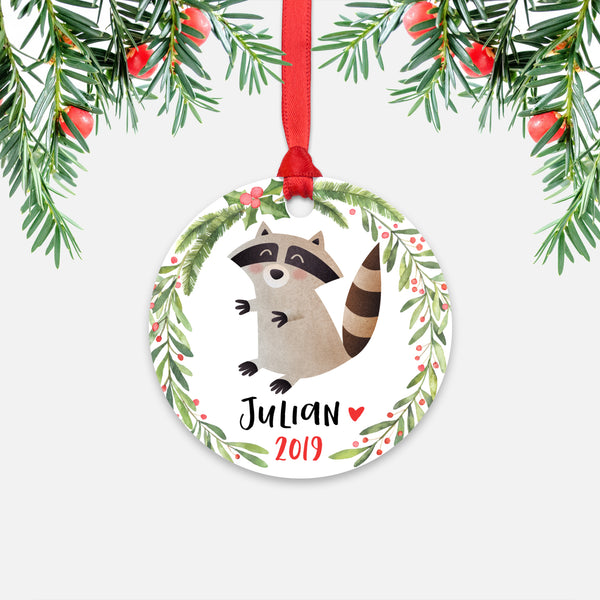 Raccoon Woodland Animal Personalized Kids Name Christmas Ornament for Boy or Girl - Round Aluminum - Red ribbon
