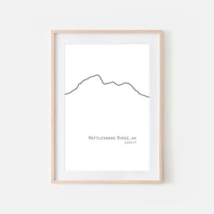 Rattlesnake Ridge Cascade Range Pacific Northwest PNW Washington State WA USA Mountain Wall Art Print - Minimalist Peak Summit Elevation Contour One Line Drawing - Abstract Landscape - Black and White Home Decor Climbing Hiking Decor - Large Small Shipped Paper Print or Poster - OR - Downloadable Art Print DIY Digital Printable Instant Download - By Happy Cat Prints