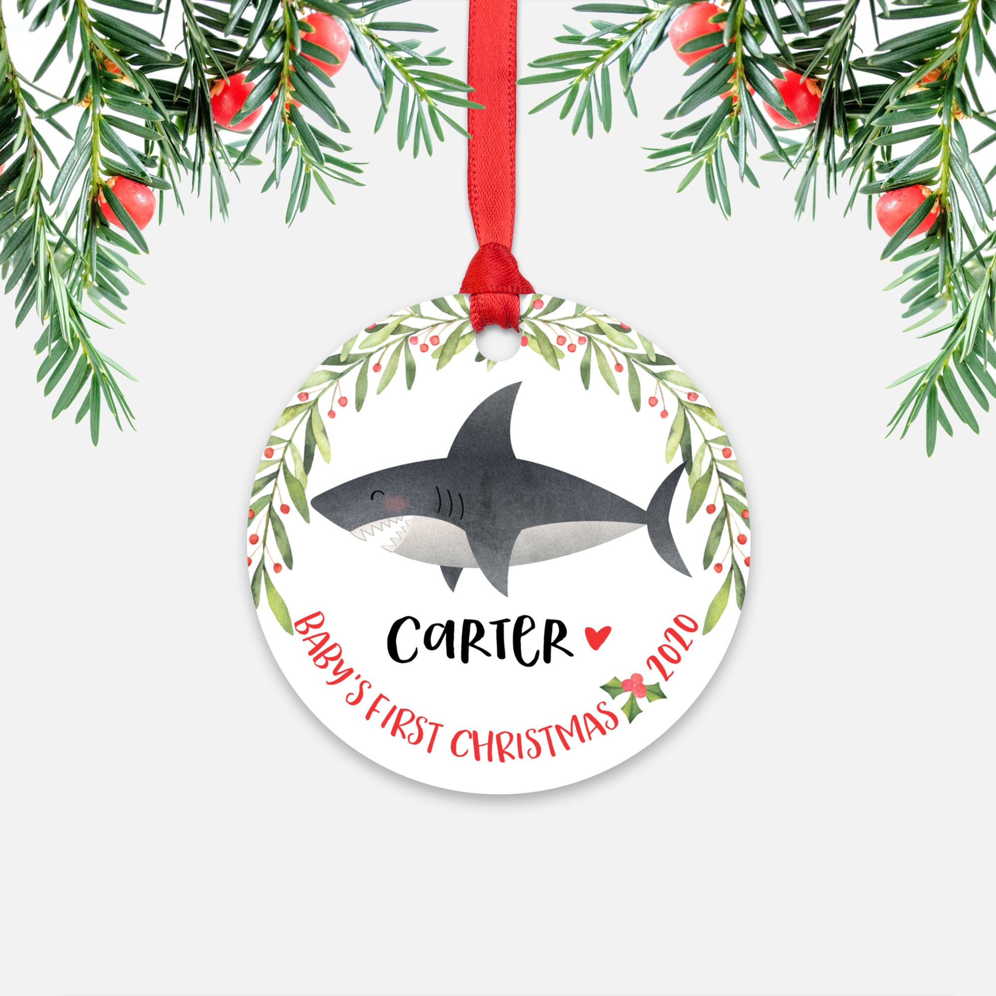 Shark Sea Ocean Animal Personalized Baby’s First Christmas Ornament for Boy or Girl - Round Aluminum - Red ribbon