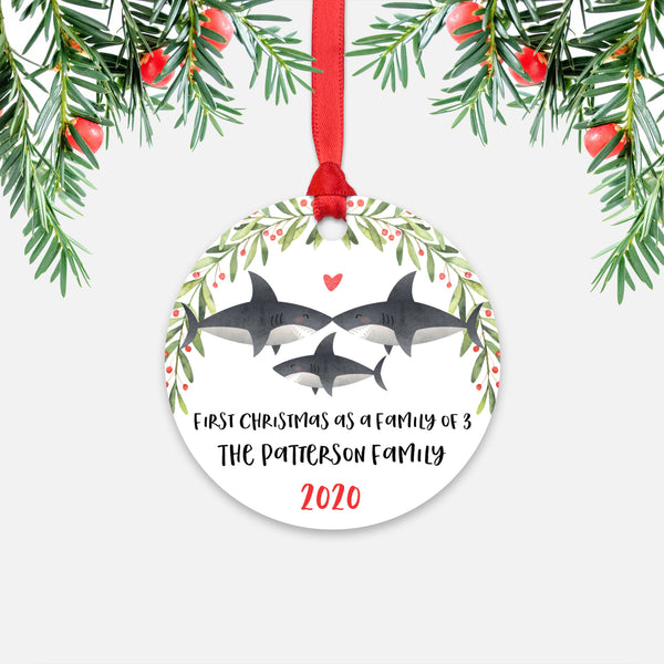 Shark Animal First Christmas as a Family of 3 Personalized Ornament for New Baby Girl Boy - Round Aluminum - Red ribbon