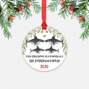 Shark Animal First Christmas as a Family of 4 Personalized Ornament for New Baby Girl Boy - Round Aluminum - Red ribbon