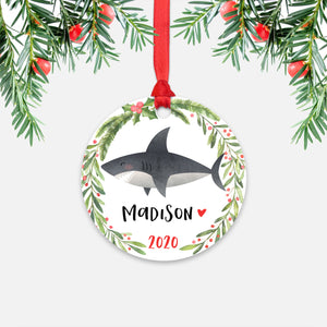 Shark Sea Ocean Animal Personalized Kids Name Christmas Ornament for Boy or Girl - Round Aluminum - Red ribbon