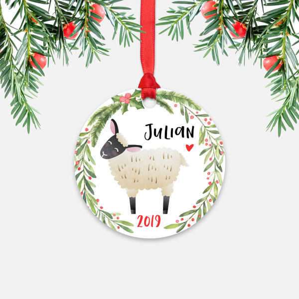 Sheep Lamb Farm Animal Personalized Kids Name Christmas Ornament for Boy or Girl - Round Aluminum - Red ribbon