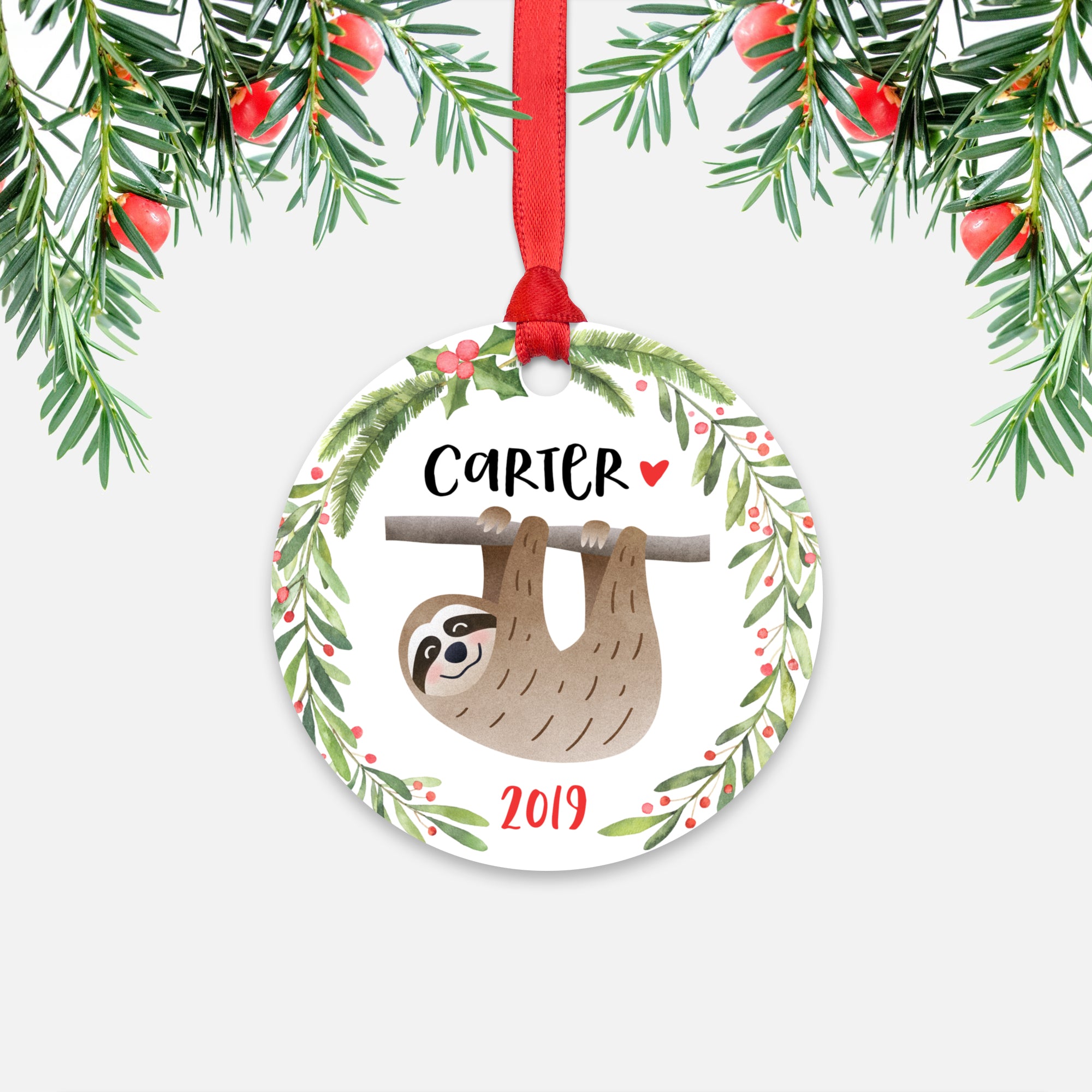 Sloth Tropical Animal Personalized Kids Name Christmas Ornament for Boy or Girl - Round Aluminum - Red ribbon