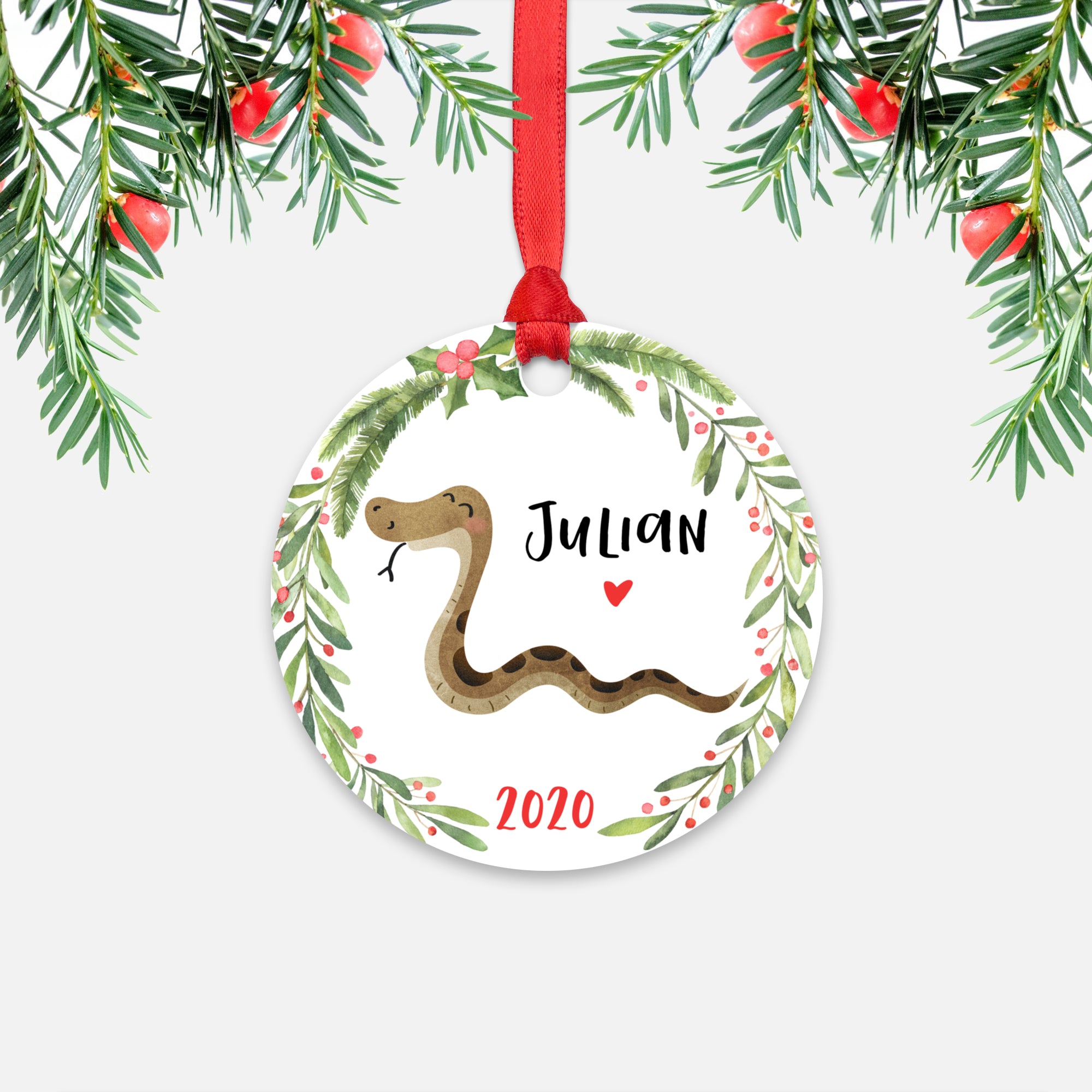 Snake Jungle Animal Personalized Kids Name Christmas Ornament for Boy or Girl - Round Aluminum - Red ribbon