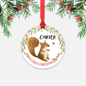Squirrel Woodland Animal Personalized Baby’s First Christmas Ornament for Boy or Girl - Round Aluminum - Red ribbon