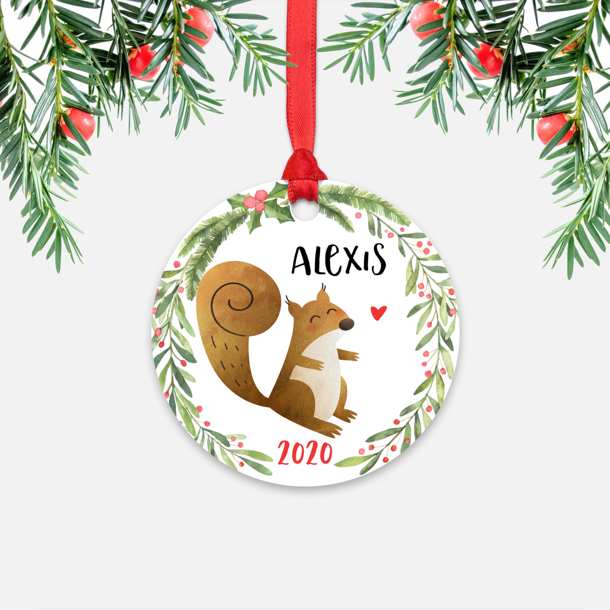 Squirrel Woodland Animal Personalized Kids Name Christmas Ornament for Boy or Girl - Round Aluminum - Red ribbon