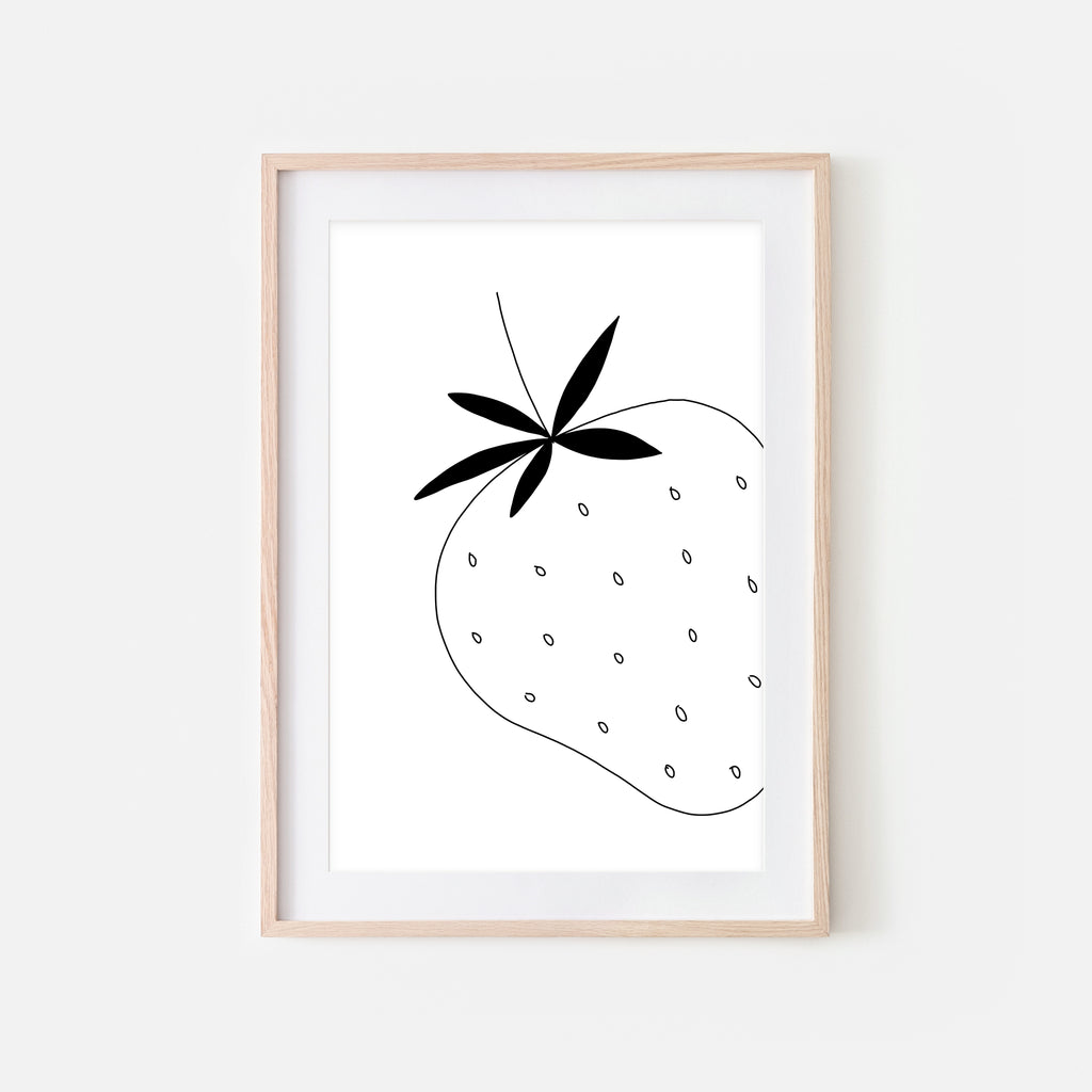 Strawberry No 1 Fruit Wall Art - Black and White Line Drawing - Print, Poster or Printable Download