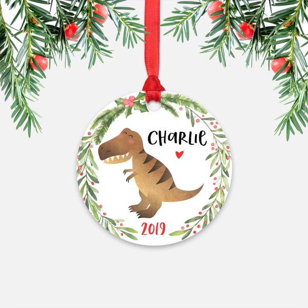 T-Rex Dinosaur Personalized Kids Name Christmas Ornament for Boy or Girl - Round Aluminum - Red ribbon