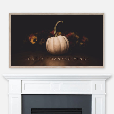 Happy Thanksgiving Samsung Frame TV Art 4K - White Mini Pumpkin & Flowers on Dark Background - Modern Classic Minimalist - Digital Download