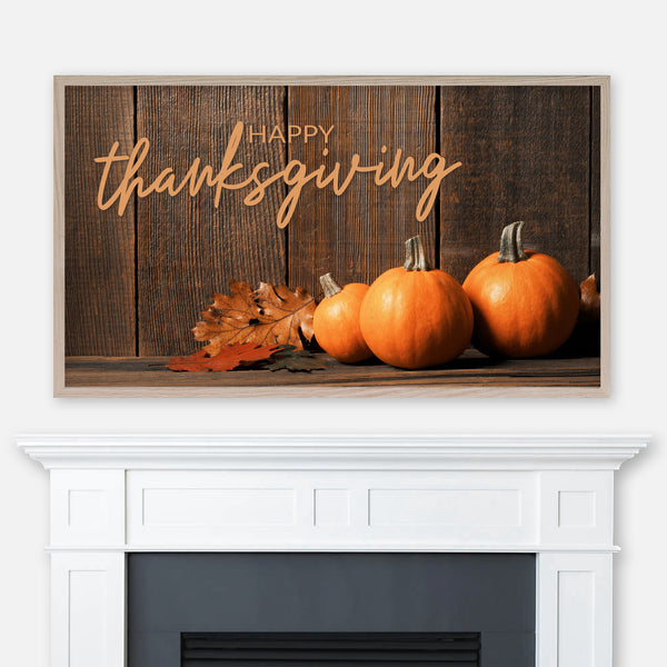 Happy Thanksgiving Samsung Frame TV Art 4K - Small Orange Pumpkins & Fall Leaves on Wooden Background - Digital Download