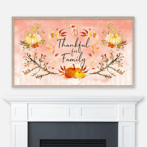 Thankful for Family - Thanksgiving Samsung Frame TV Art 4K - Pumpkins & Leaves Watercolor Wreath - Blush Pink - Digital Download
