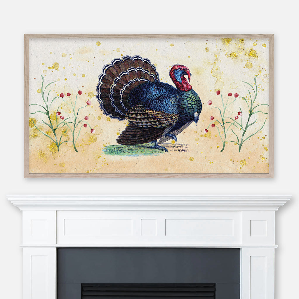 Vintage Turkey Drawing on Watercolor & Gold Glitter Spatter Background - Thanksgiving Samsung Frame TV Art 4K - Digital Download